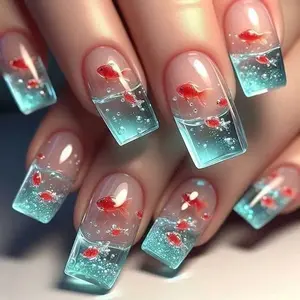 Blue Press-On Cross-Border Nail Tips with Fish Water Tank Design, Medium Square Shape, Perfect for Stylish Nail Art