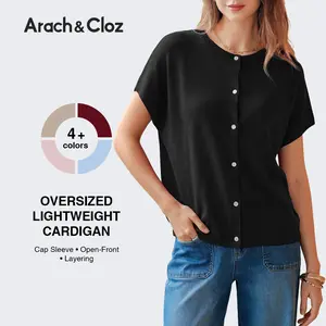 Arach&Cloz 2026 Women's Oversized Lightweight Wool Blend Cardigan Short Sleeve Summer Casual Sweaters Tops SummerVibes