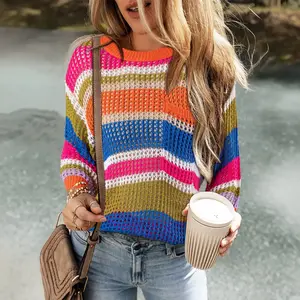Stripe Colorblock Hollowed Crochet 3/4 Sleeve Sweater