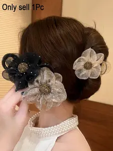 Flower Hair Clip, Rhinestone Polka Dot Mesh Sunflower Bobby Pin, Elegant High Ponytail Hair Clip, Multifunctional Hair Accessory, Spring Clip