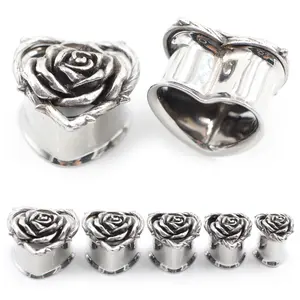 Alisouy 2PCS Stainless Steel Love Heart Rose Flower Ear Tunnels Plugs Expander Stretcher Gauges Earrings Piercing Body Jewelry