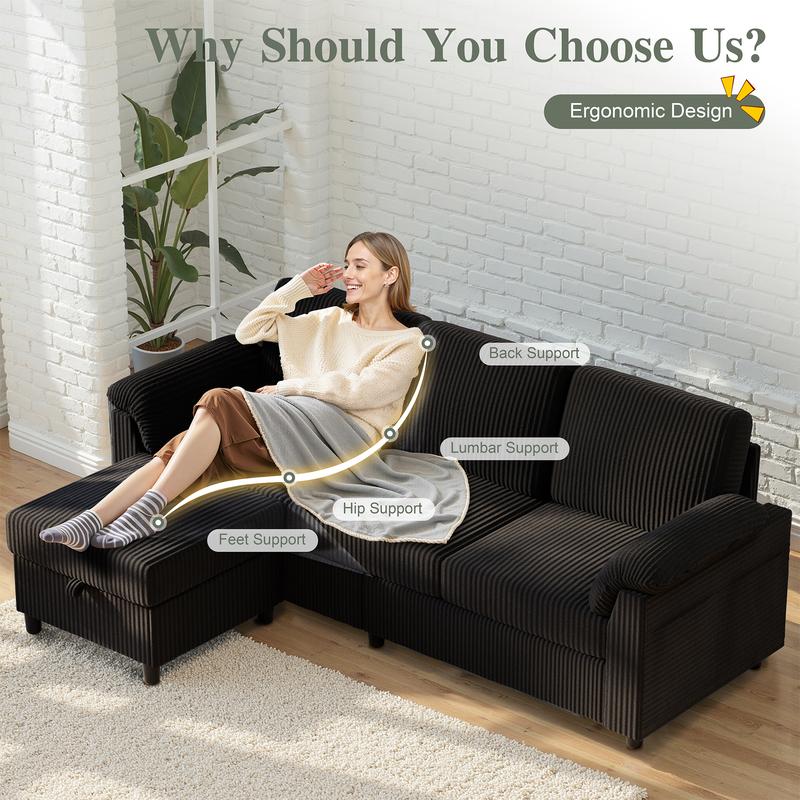 Walsunny L-Shaped Convertible Sectional Sofa Couch with Removable Pillows, 79in Reversible modular High Resiliency Foam Cushions,Ottoman, Black