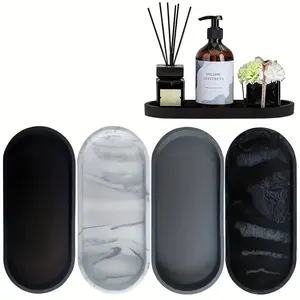Silicone Marble Pattern Bathroom Tray, Oval Jewelry Storage Tray, Multi-Functional Decorative Tray for Candle Soap Plant Cosmetics, Bathroom Counter Organizer