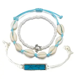 B Jewelry Collection Cowrie Shell Slider Anklet & Beaded Charm Bracelet Set, Aqua Multi