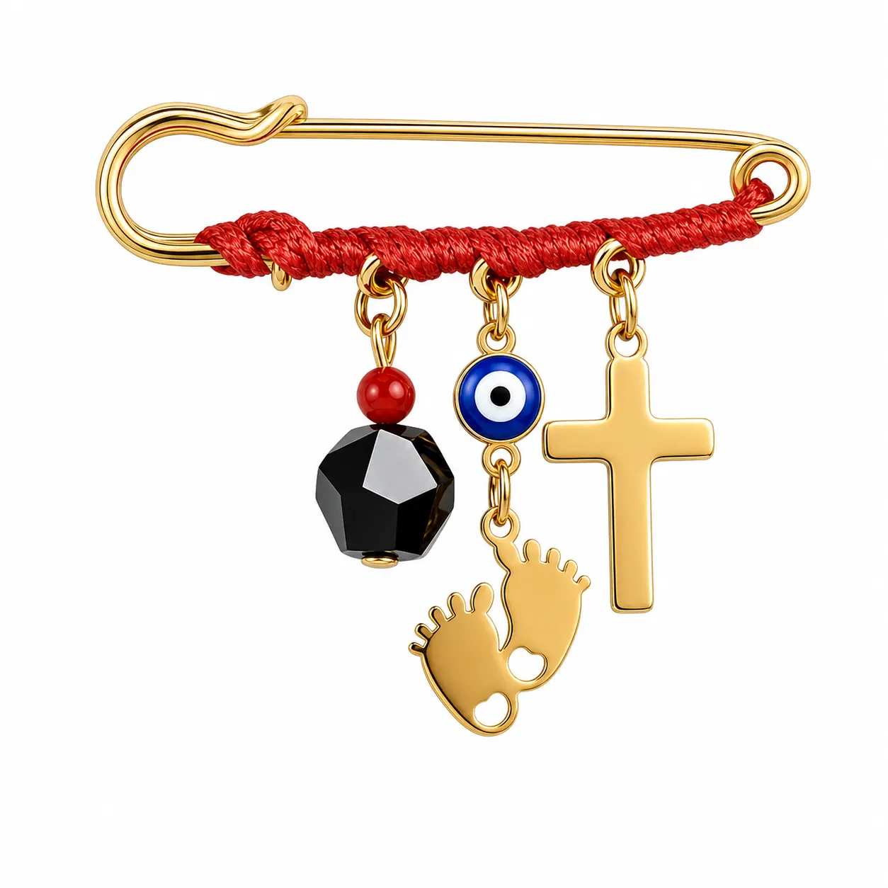 Triple Threat Red String Protection Brooch with Evil Eye, Blessed Cross, Baby Feet Charm and Black Onyx Bead, Gold Safety Pin Amulet for Baby Stroller, Diaper Bag, Newborn Blanket, Mom Bag, Pregnancy and Baby Shower Gift