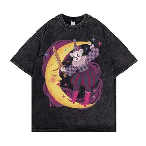 Star Moon Clown Graphic Washed Tee, Vintage Washed Cotton, Unisex Streetwear Round Neck Distressed graphic tee