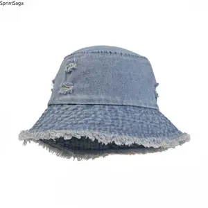 Japanese retro washed denim bucket hat women's summer washed rough edge ripped basin hat, men's fashion couple sun hat