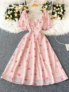 Elegant Women's Dress, Square Neck Bubble Short Sleeve Design, Front Gathered & Waist Cinched, Perfect for Light Dates/everyday