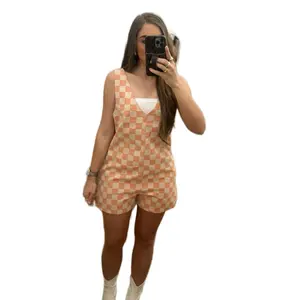 Checkered Sleeveless Romper - Neon Orange Checkered Romper - Women’s Romper - Western Romper