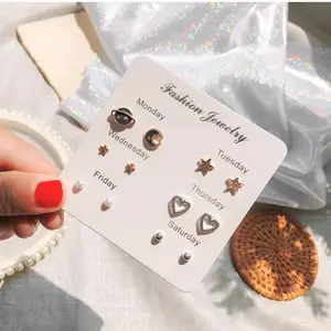 6 Pairs Fashionable Heart & Star decorated zinc alloy stud Earrings