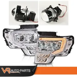 Pair Chrome Dual  LED Projector Headlights DRL Fit For 2009-2014 Ford F-150 F150, Turn Signal, Bolt-On Kit