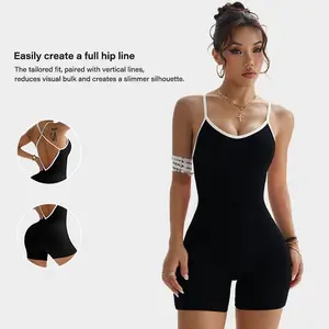 Women's one piece sports jumpsuit, open back, tummy control, sleeveless jumpsuit, cross back pleated yoga jumpsuit, suitable for gym workout, yoga fitness, sportswear for women in all seasons. Stretchable Activewear Minimalistic Activewear