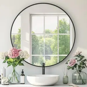 Round Black Mirrors, Round Mirror 30 inch, Black Circle Mirror Metal Frame, Black Circle Wall Mounted Mirrors for Bathroom, Living Room, Bedroom, Entryway, Vanity