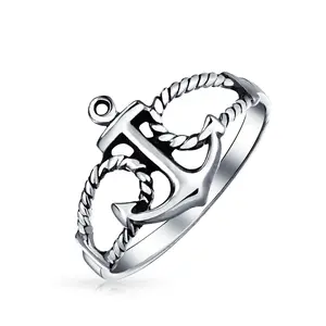 Nautical Sailor Boat Rope Anchor Ring Band Oxidized .925 Sterling Silver