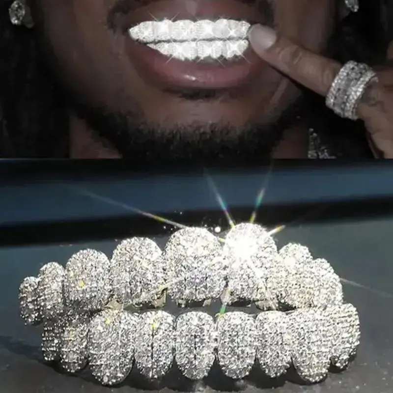 Adult Hip Hop Edgy Teeth Grillz Accessory - Artificial Zircon Stones, Durable Metal, Top & Bottom Mouth Caps, Showstopping Oral Bling, Mimics Luxury Dental Jewelry, Statement-Making Party (TG134)