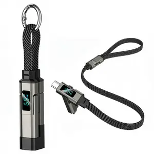 4 in 1 Portable Short Type C Outdoor Keychain Lanyard Data Cables with LED Display,Durable Braided PD Fast Charging Cord for iPhone ,Samsung Woven Cable