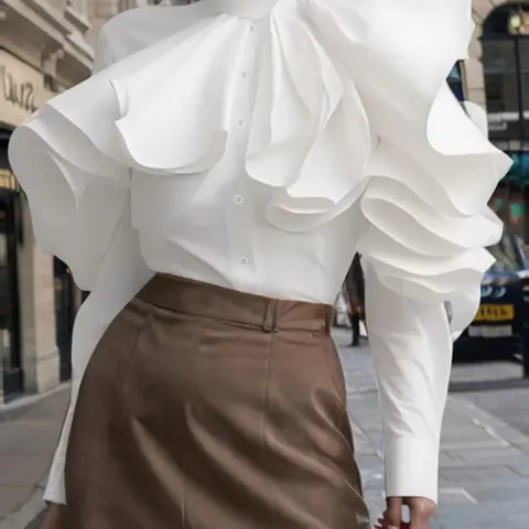 Women's Ruffle Trim Button Front Frill Blouses Shirts, Casual Chic Elegant Style Long Sleeve Button Top Lady for Spring & Fall, Everyday Women's Clothing for Daily Wear Womenswear