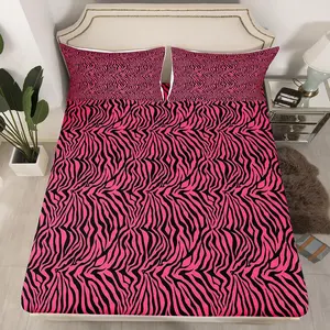 Pink Black Fitted Sheet,Zebra Stripes Luxury Bed Sheet Sets,Safari Animal Print Bedding Set,Room Decor Zoo Animal Fur Print Bed Cover