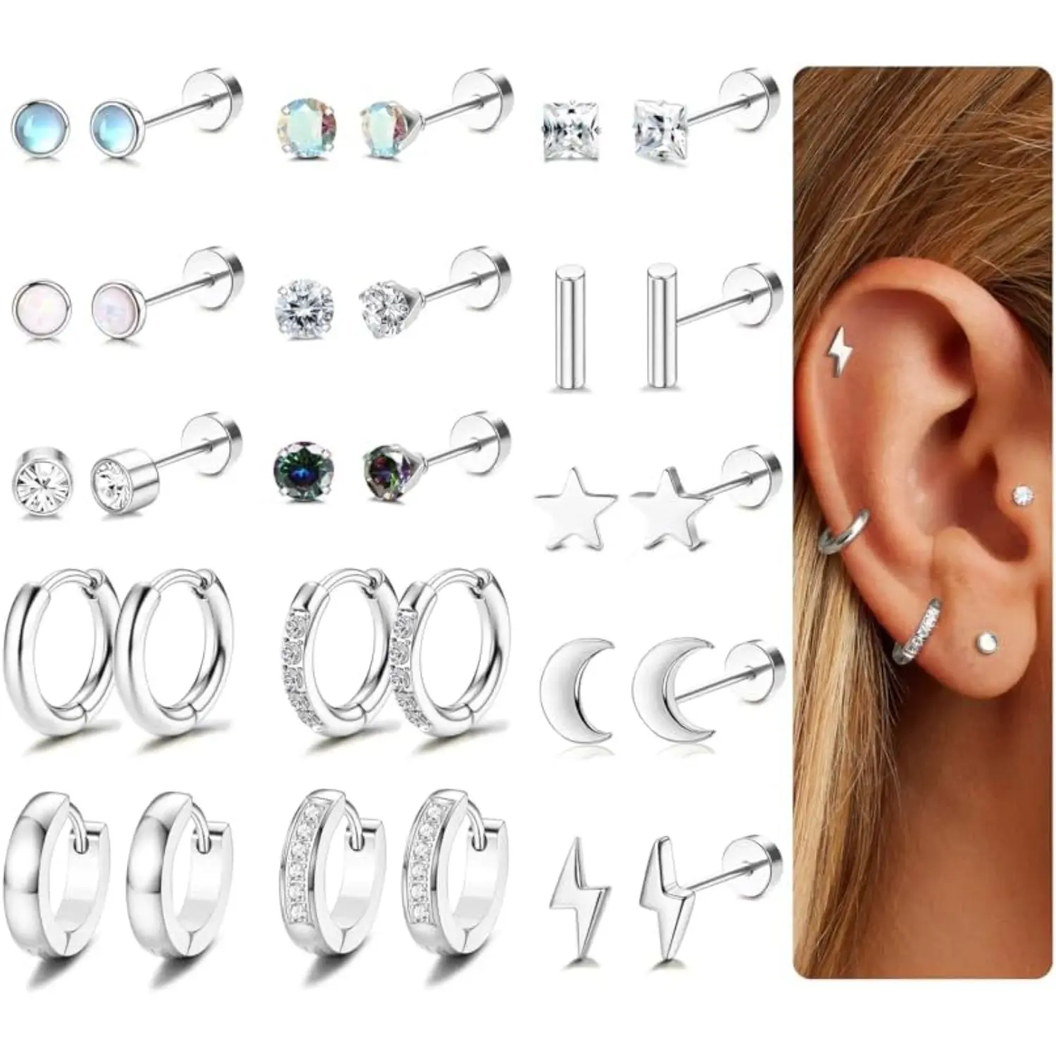 15 Pairs Surgical Steel Cartilage Earrings Set for Women Men 20G Tiny Stud Earrings Cubic Zirconia Hoop Huggie Earrings Screw Flat Back Earrings Tragus Daith Helix Earrings Piercing Jewelry Flatbackearrings