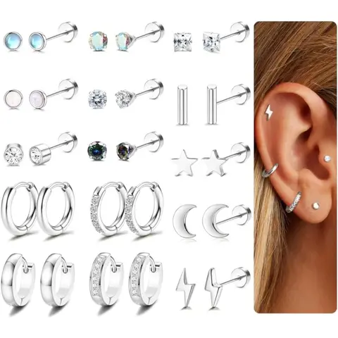 Women's 15-Pair Hypoallergenic Surgical Steel Earrings Set - 20G Tiny Studs with 2 Pcs CZ Inlaid Cartilage, 5mm Huggie Hoops, Screw Flat Back Earrings for Tragus, Daith Piercings, Flat Pierced Jewelry, Dainty Fashion Costume Accessories