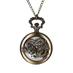 OIDEA Vintage Pocket Watch Hollow Engraved Dragon Design Quartz Fob Watch with Long Necklace Chain Unisex