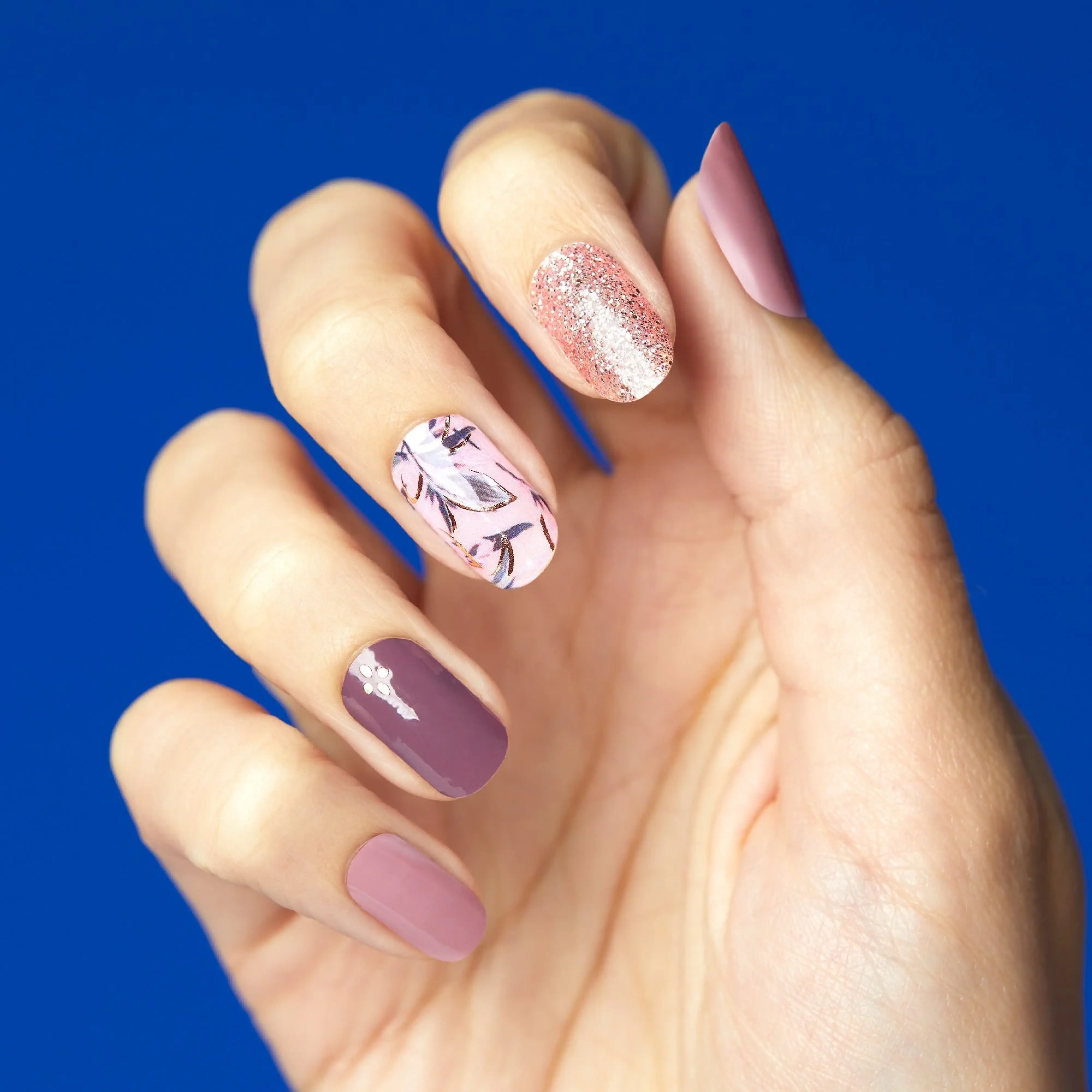 DASHING DIVA Alpine Retreat Nail Polish Strips - Dusty Purple with Bronze Glitter & Gold-Studded Accents
