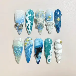 3D Ocean Press On Nails: Starfish, Jellyfish & Whale - Handmade Gel Nail Art