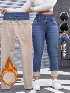 Women's High Elasticity Fleece Lined Thick Denim Jeans, Fall & Winter Fashion, Comfortable Slimming Jeans, Elegant Style