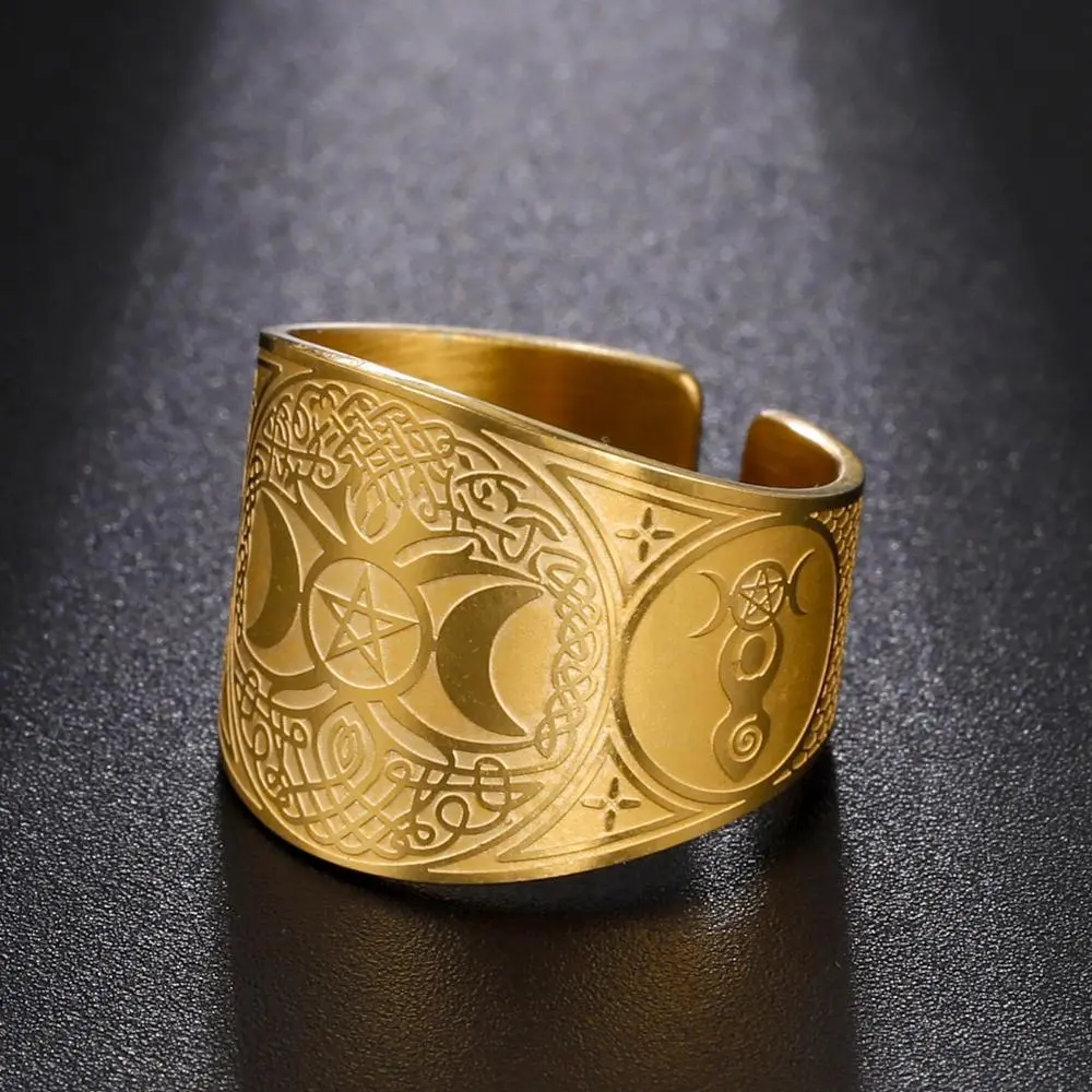 Stainless Steel Triple Moon Goddess Ring - Pentagram Pentacle, Tree of Life Pagan Wiccan Magic Amulet, Meaningful Gifts Costume Jewelry Accessory