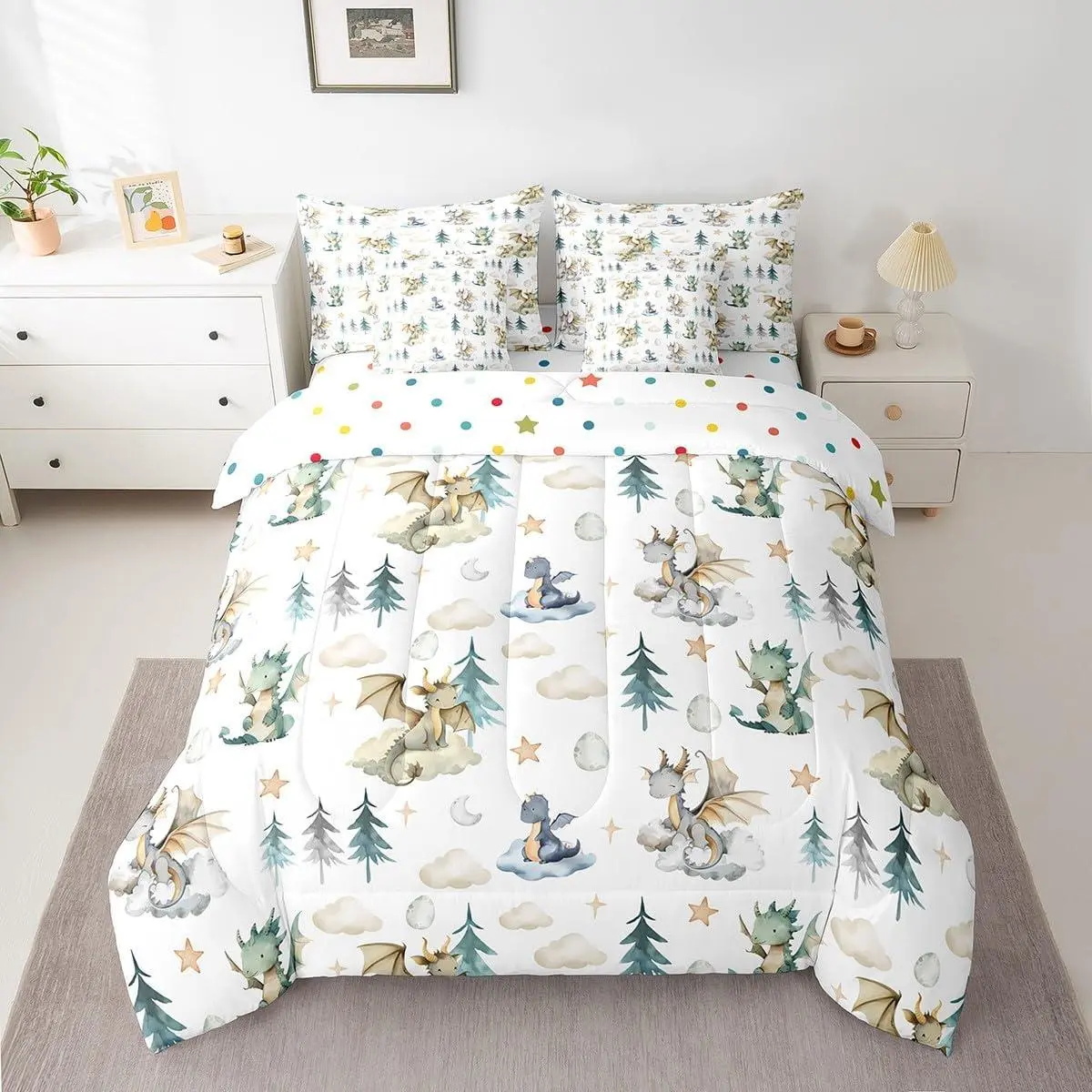 Comforter Set with Sheets 7 Piece Cute Dragon Bed in a Bag Kids Boys Girls Baby Dragon Bedding Set Kawai Cloudy Bedroom Decor Tree Botanical Soft Microfiber Light Blue White