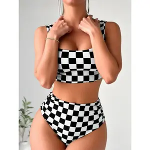 Women's Checkerboard Print High Waisted Bikini Set Scoop Neck Tank Two Piece Swimsuit Tummy Control Bathing Suit
