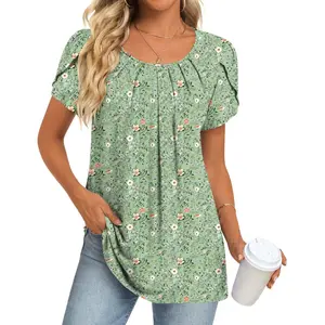 Womens Tops 2026 Spring Summer Tunic Short Sleeve Casual Shirts Pleated Blouses for Leggings M-3XL