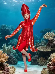 High-Quality Red Octopus Performance Costume, Women‘s Halloween Sea Party Cosplay, Funny Squid Outfit, Stage Tentacle Design