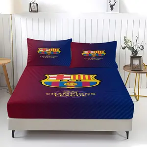 Barcelona FC Print Bedding Set, Comfortable Printed Design, Includes 1 Bed Sheet and 2 Pillowcases, Comfortable Bed Linens, Non-Slip Dust Cover Suitable for Bedroom and Guest Room, Ideal for Children and Adult Gifts