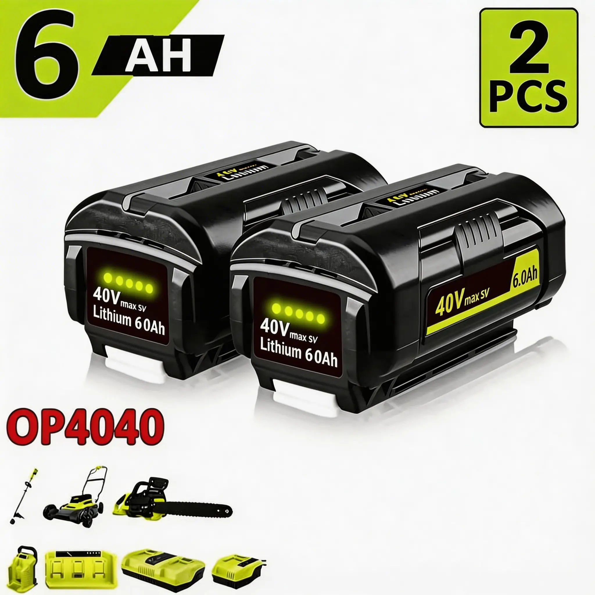 2/1 Pack 6.0Ah Replacement for Ryobi 40V Battery OP4050 OP4040 OP40601 etc - Compatible with Ryobi 40 Volt Battery Power Tools