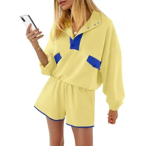 Fisoew Women's 2-Piece Casual Color Block Sportswear Jacket Set - Half-Button Sweatshirt, Running Shorts, Fall Tracksuits