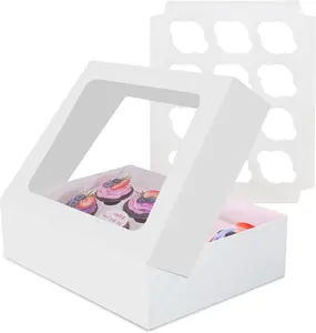 6 Packs Cupcake Boxes, 13x10x3.5 Inch White 12 Count Cupcake Containers with Clear Window, Auto-Pop Up Cupcake Carrier with Inserts for Cup Cake, Cupcake Holder for Muffin, Cookies and Pastry