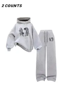 Autumn Winter Fashion Tiger Print Hooded Sweatshirt Matching Set, Casual Loose-Fit Long Sleeve Top & Wide Leg Pants Two-Piece