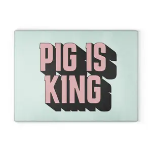 PIG IS KING 8x11 Glass Chopping Board for Knives and Dishes, Retro 3D Pink Printed Typography Kitchenware, Dish