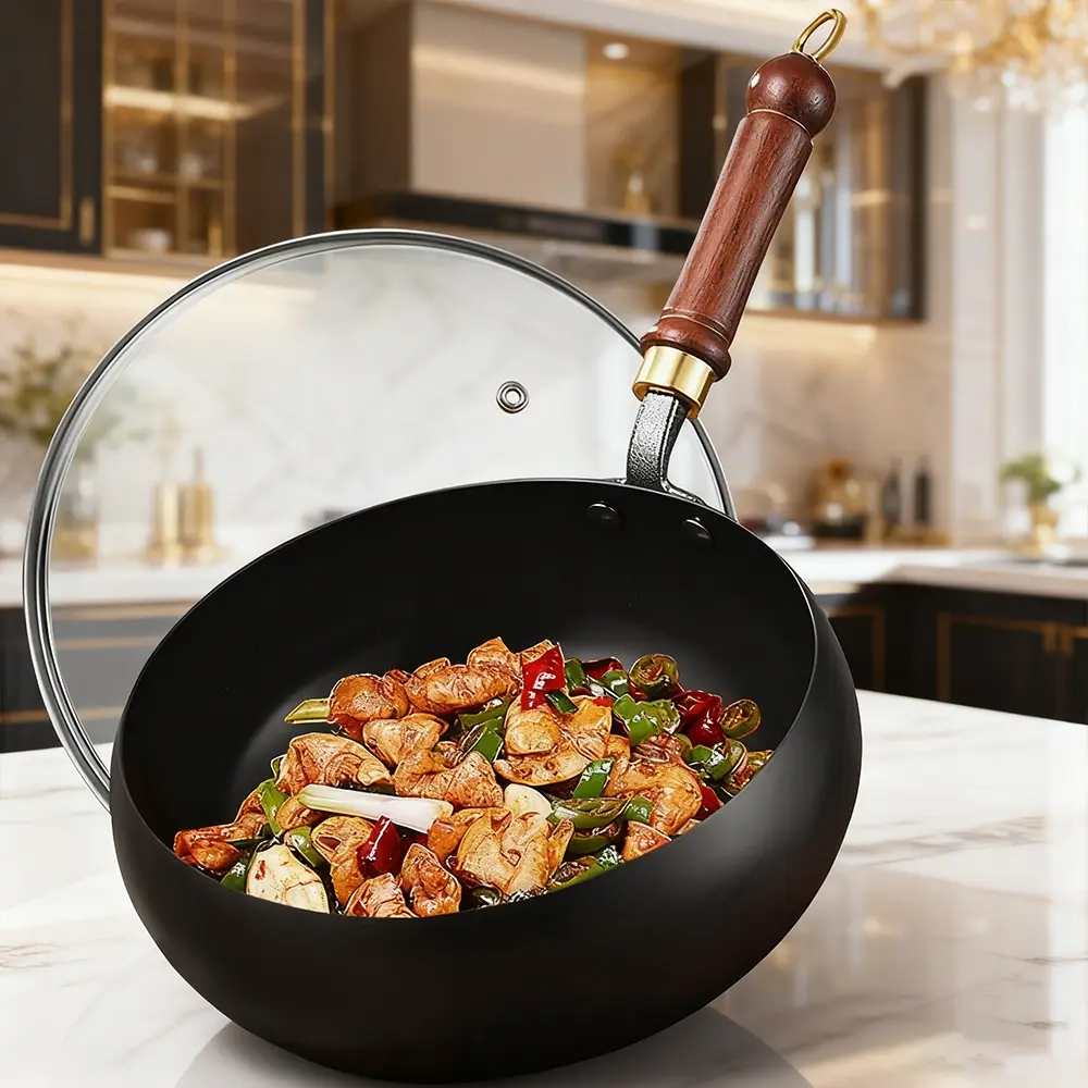 Cast Iron Skillet with Lid, Cast Iron Pan, Durable Cookware, Anti-Splash Design, Rust-Resistant, Even Heat Distribution, Indoor Outdoor Use, Wooden, Perfect Gift for Christmas & Labor Day