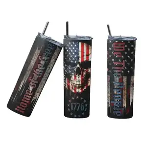 1776 Skull 20 oz Skinny Tumbler Gift - Premium Insulated Double-Wall Vacuum Flask with Tritan Lid Portable Water Bottle Drinkware