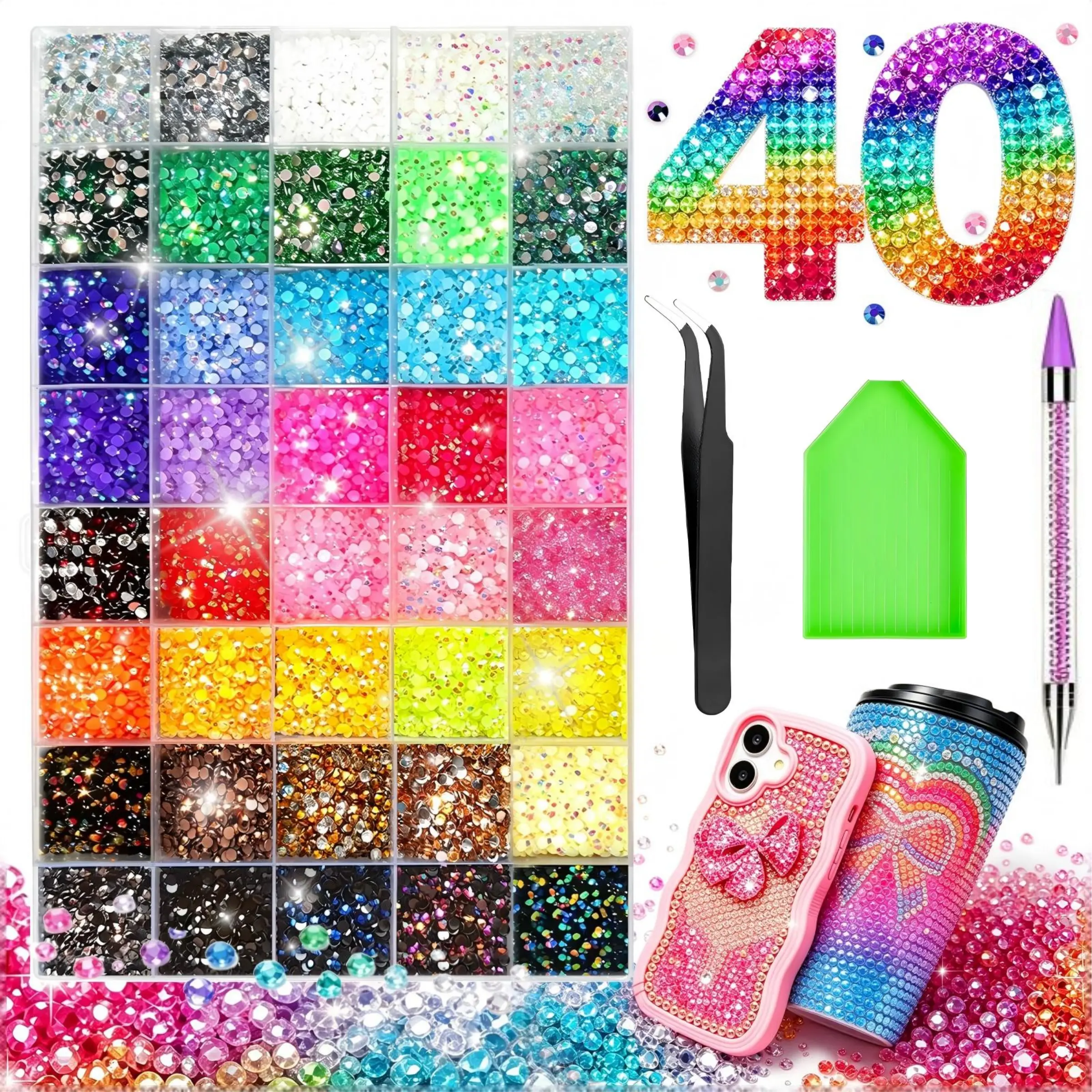 40000Pcs Jelly Resin Bedazzling Kit, 3mm Multicolor Flatback Rhinestone, Ideal for Diamond Art and Craft Gifts—A Sparkling Decorative Set with Rhinestones