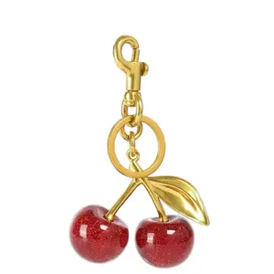 Cherry Purse Charm Sparkly Gold Hardware Keychain with Red Glittery Cherries and Gold Hardware A