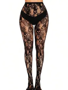 2025 Trendy Halloween Gothic Style Tight Pants Women Transparent Mesh Skull Pattern Fishnet Leggings Pattern Long Stockings Costume Black