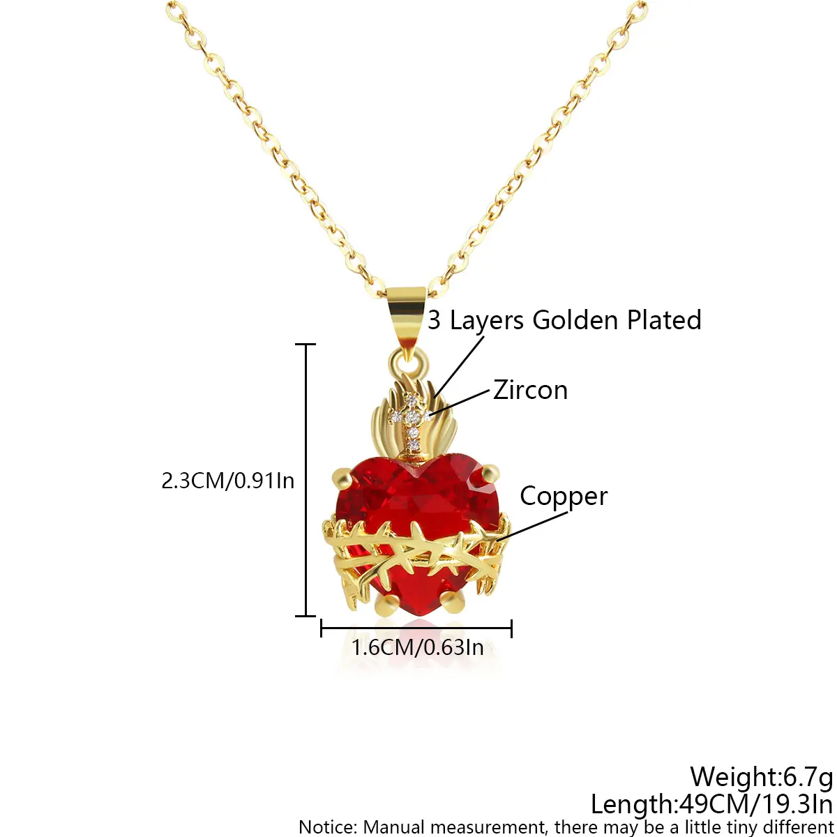 Red heart-shaped zircon cross pendant necklace Sacred Heart necklace copper-plated real gold peach heart necklace Link Cuban Gold-Plated