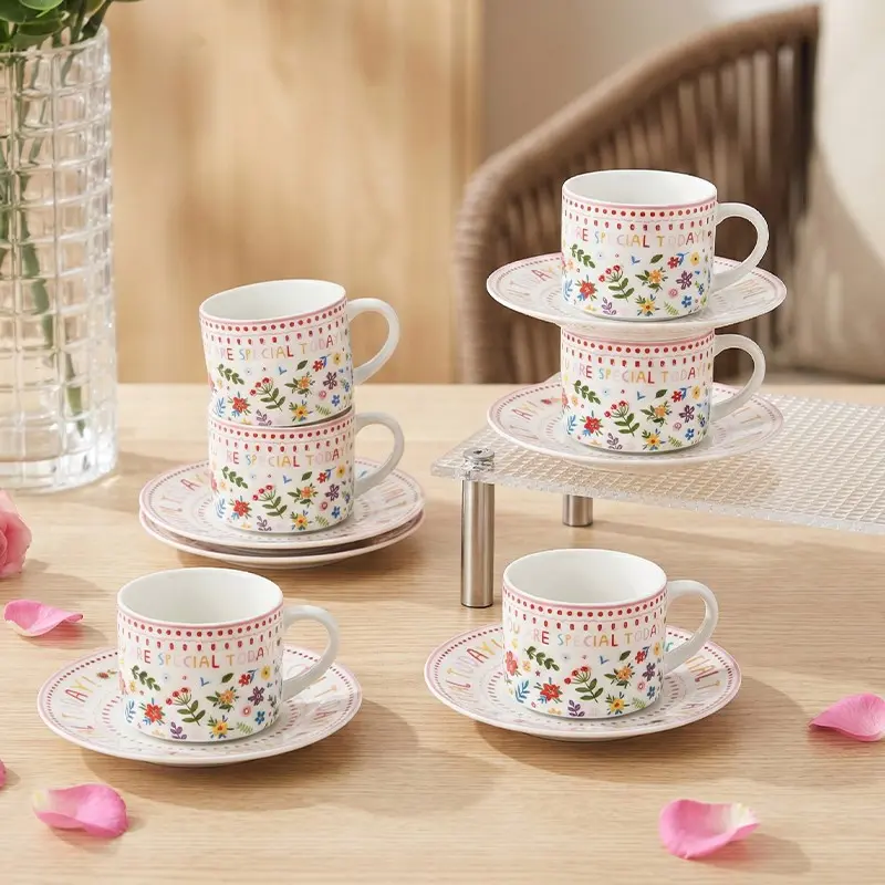 Floral Espresso Cups & Saucers Set of 6, 4oz Small Coffee Mugs, Ceramic Demitasse Cup for Tea, Latte, Espresso Shot Cup for Coffee Maker, Women Gifts for Mother's Day, Birthday