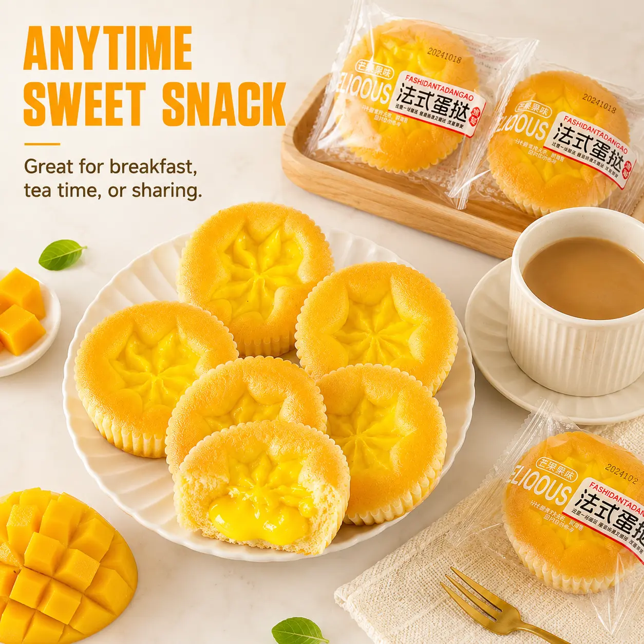 Mango French Egg Tarts – Buttery Flaky Crust with Smooth Mango Custard Filling, Individually Wrapped French-Style Pastry for Afternoon Tea, Lunch Box, Office & On-the-Go