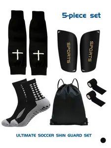 Men's Outdoor Soccer Football Gear Sports Elastic Socks 5-Piece Set Football Accessories: Soccer Socks, Shin Guards Sleeves, Shin Guards, Bandages, Drawstring Bag. Suitable for Daily Sports Training, Basketball, Soccer, Football, and Various Scenarios.