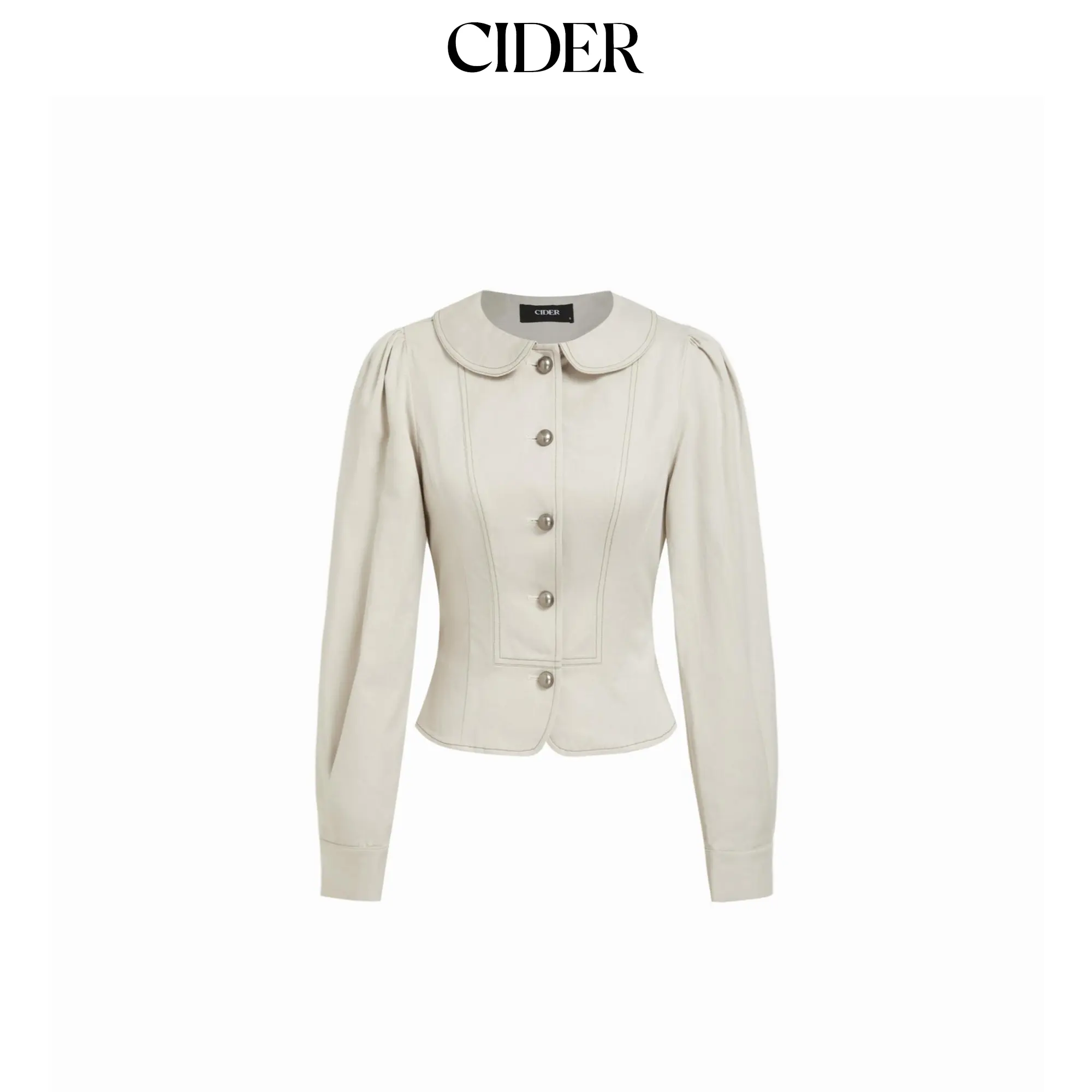 Cider Women's Solid Cotton-Blend Jacket, Preppy Style with Peter Pan Collar, Puff Sleeves and Metal Detail, Full Sleeve Tops