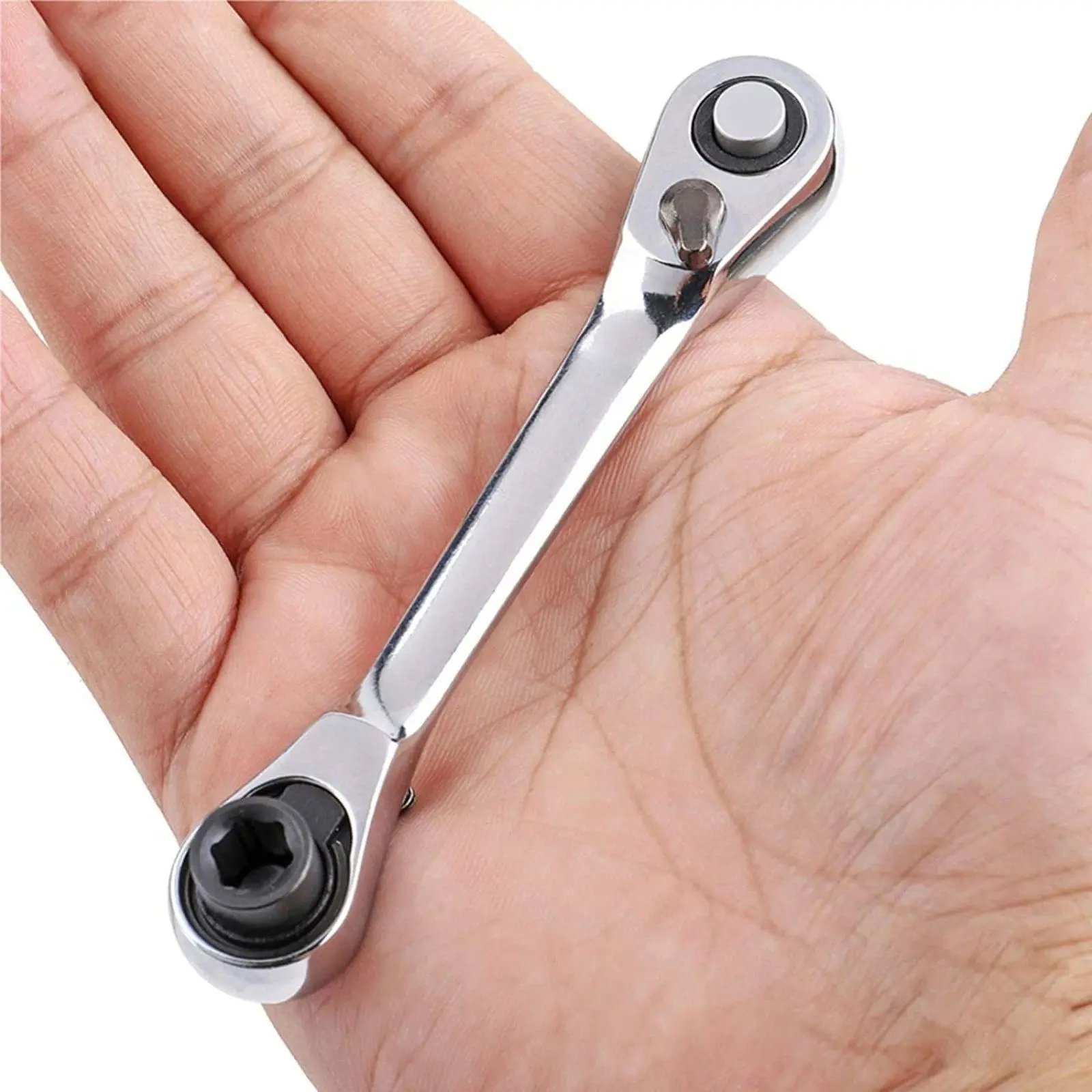 Silver Ratchet Wrench 1/4 Inch Mini Double Headed 72 Tooth Drive Socket (Bits Not Included), Ratchet Set Rotator Practical Accessories Tool, 5 Degrees Quick Install Release